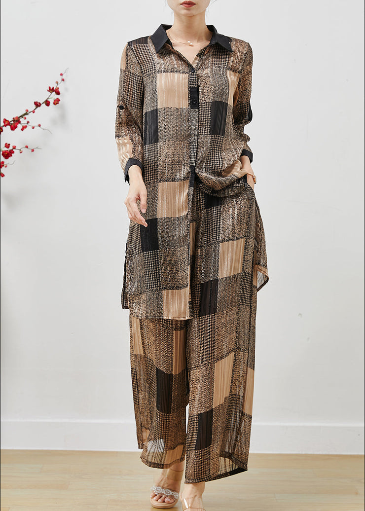 Fitted Khaki Oversized Plaid Chiffon Two Pieces Set Summer