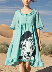 Fitted Lake Green Ruffled Dog Print Cotton Tea Dress Summer