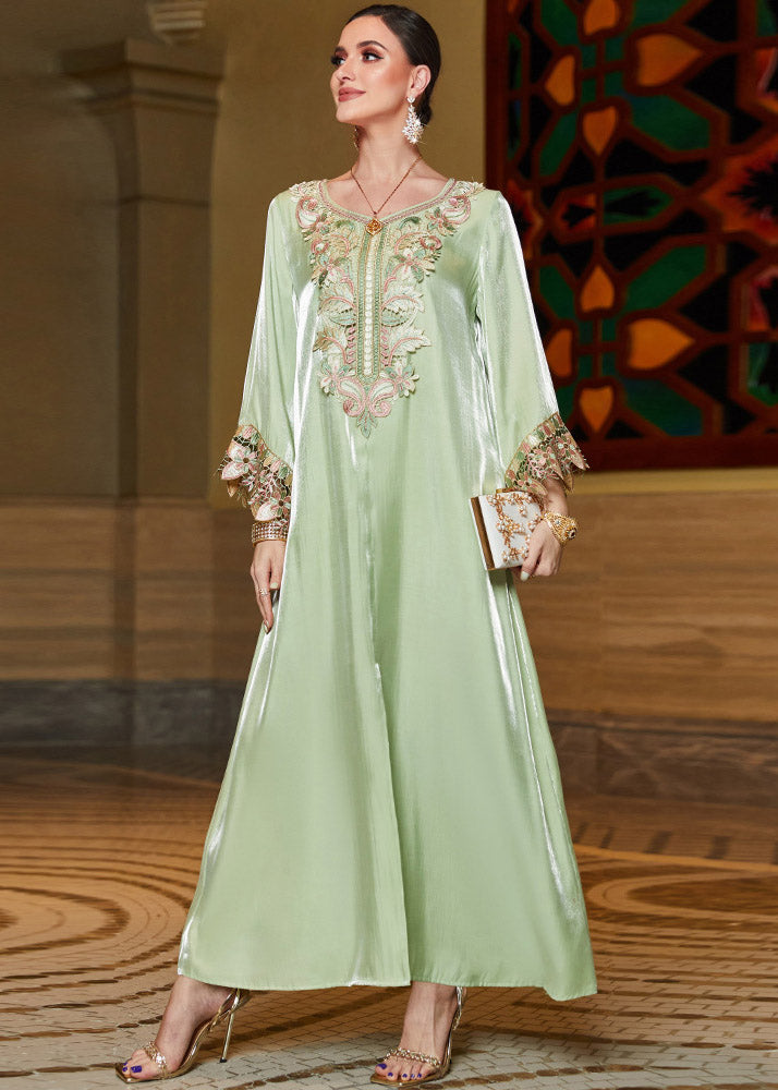 Fitted Light Green O-Neck Embroideried Lace Patchwork Silk Long Dress Fall