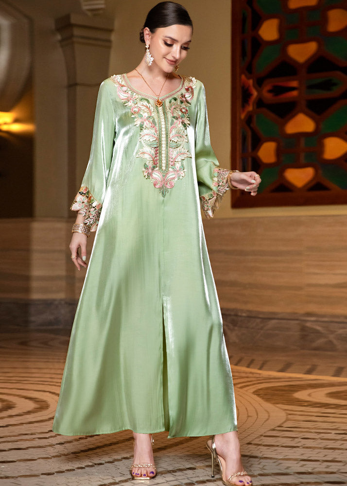 Fitted Light Green O-Neck Embroideried Lace Patchwork Silk Long Dress Fall