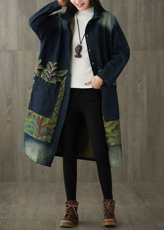 Fitted Navy Peter Pan Collar Pockets Print Denim Trench Spring