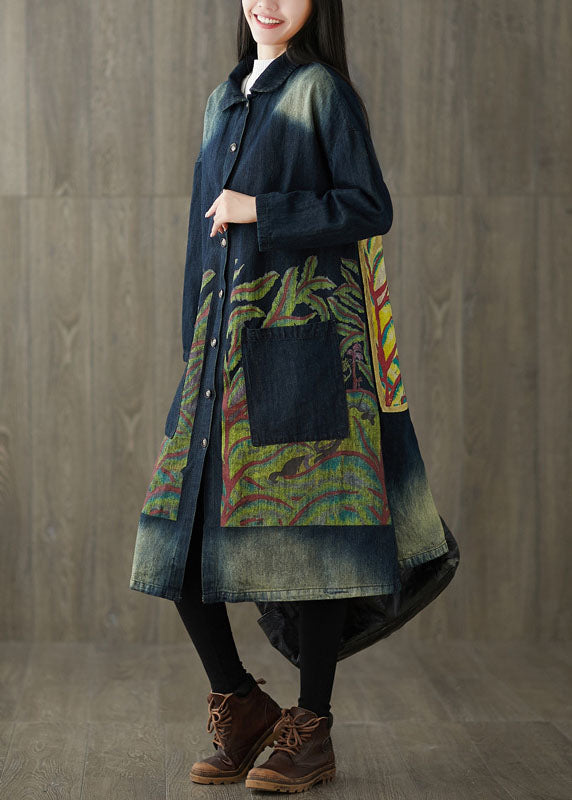 Fitted Navy Peter Pan Collar Pockets Print Denim Trench Spring