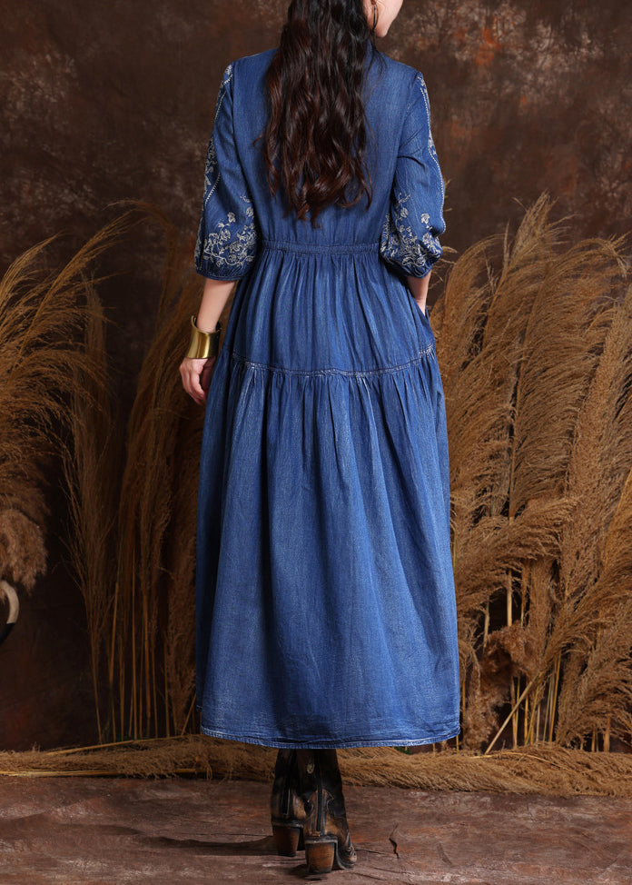 Fitted Navy V Neck Embroidered Patchwork Elastic Waist Maxi Denim Dresses Half Sleeve