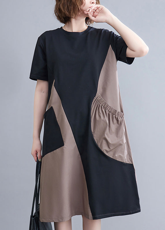 Fitted O-Neck Asymmetrical Patchwork Wrinkled Long Dresses Summer