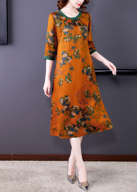 Fitted Orange O Neck Print Patchwork Silk Dresses Summer