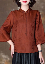 Fitted Orange Tasseled Jacquard Patchwork Silk Shirt Top Spring