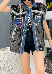 Fitted Peter Pan Collar Patchwork Sequins Zircon Button Denim Waistcoat Sleeveless