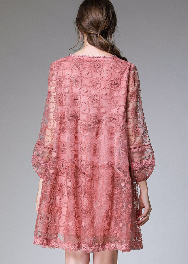 Fitted Pink Embroideried Patchwork Lace Mid Dress Long Sleeve