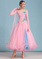 Fitted Pink Embroideried Ruffled Tulle Patchwork Dance Dress Long Sleeve