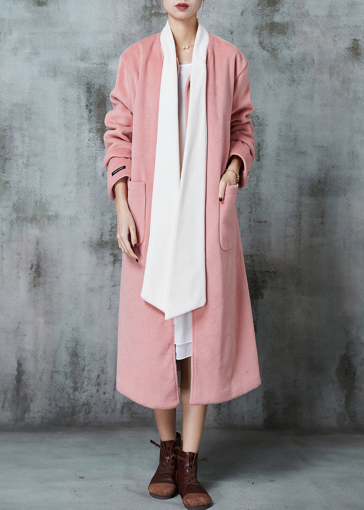 Fitted Pink Oversized Patchwork Bow Woolen Coat Spring