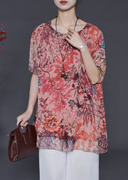 Fitted Pink Oversized Print Chiffon Blouse Tops Summer