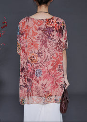 Fitted Pink Oversized Print Chiffon Blouse Tops Summer