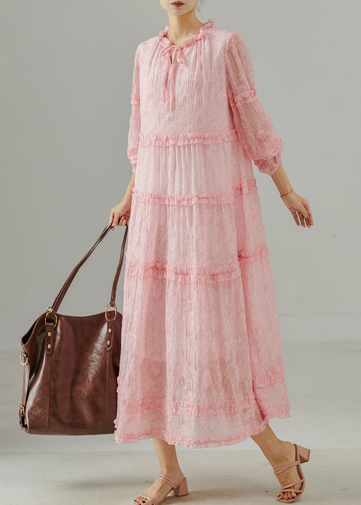 Fitted Pink Ruffled Jacquard Chiffon Party Dress Spring