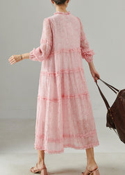 Fitted Pink Ruffled Jacquard Chiffon Party Dress Spring