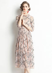 Fitted Pink Stand Collar Hollow Out Lace Dresses Bracelet Sleeve