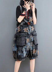 Fitted Print Patchwork Button Denim Lantern Jumpsuits Summer