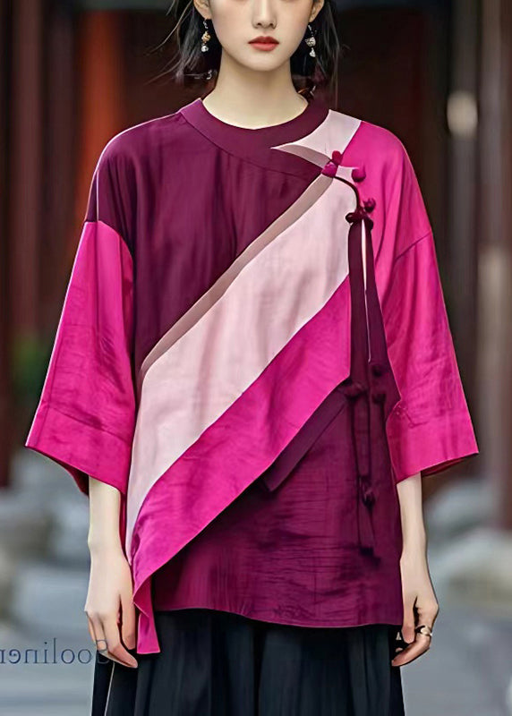 Fitted Purple Asymmetrical Patchwork Linen Shirt Summer