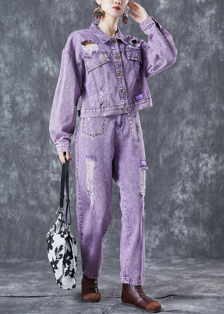 Fitted Purple Hollow Out Rivet Denim Two Pieces Set Summer