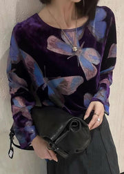 Fitted Purple O Neck Print Silk Velour Shirts Fall