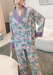 Fitted Purple V Neck Patchwork Print Ice Silk Pajamas Two Pieces Set Spring