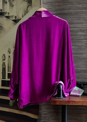 Fitted Purple V Neck Pockets Patchwork Silk Velour Coats Spring