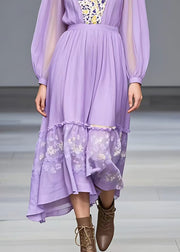 Fitted Purple V Neck Ruffled Patchwork Maxi Dresses Fall