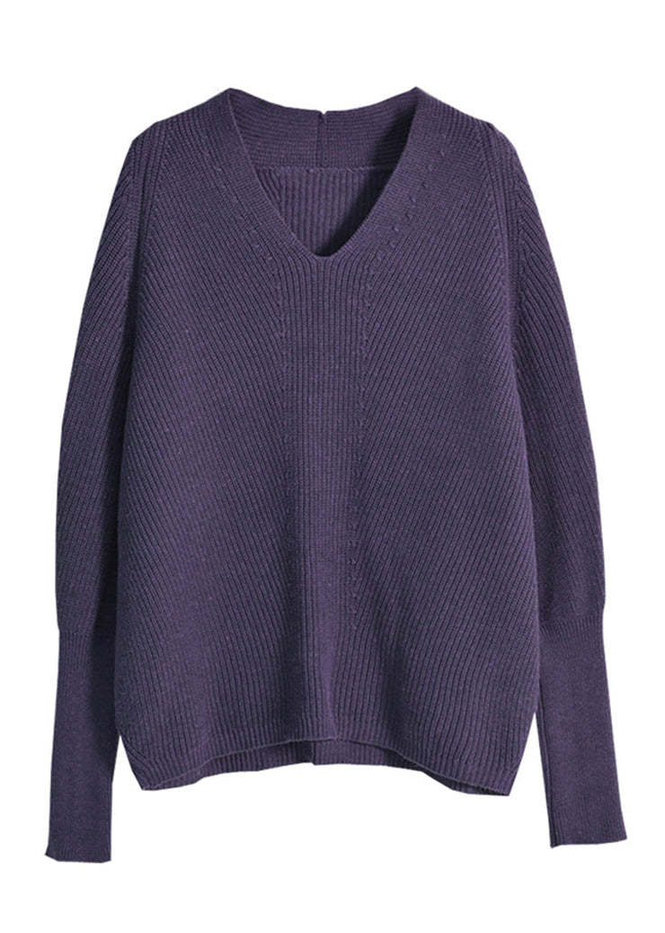 Fitted Purple V Neck Thick Cotton Knit Sweaters Batwing Sleeve