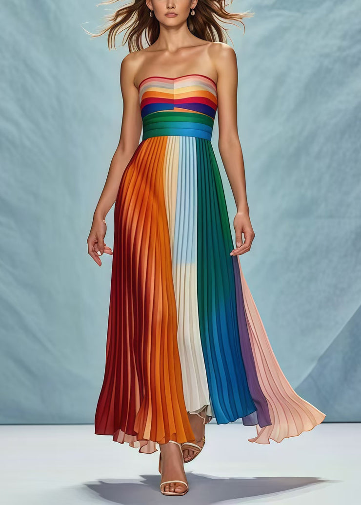 Fitted Rainbow Patchwork Wrinkled Chiffon Strapless Dress Summer