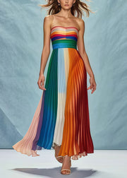 Fitted Rainbow Patchwork Wrinkled Chiffon Strapless Dress Summer