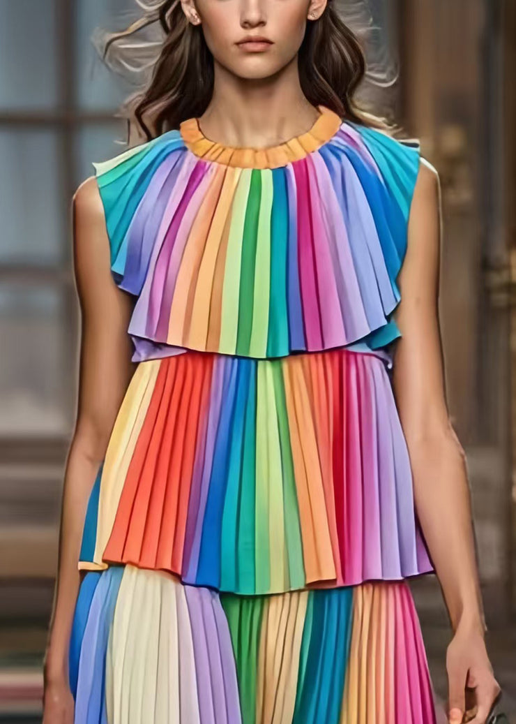 Fitted Rainbow Tie Dye Wrinkled Chiffon Day Dress Summer