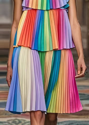 Fitted Rainbow Tie Dye Wrinkled Chiffon Day Dress Summer