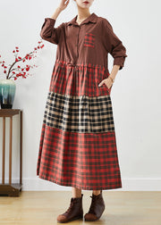 Fitted Red Cinched Patchwork Plaid Cotton Dresses Fall