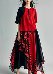 Fitted Red Print Holiday Chiffon Long Dress Short Sleeve