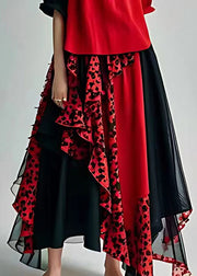 Fitted Red Print Holiday Chiffon Long Dress Short Sleeve