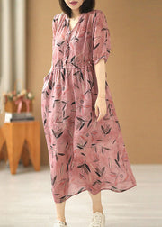 Fitted Rose V Neck Cinched Print Linen Vacation Dresses Short Sleeve