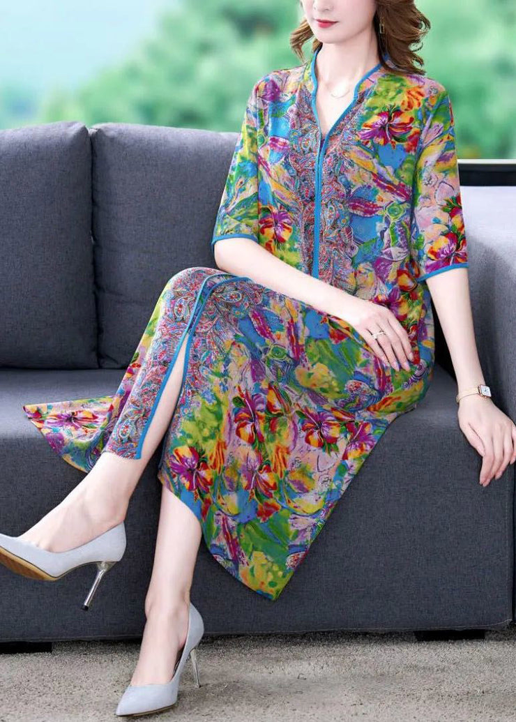 Fitted V Neck Print Silk Long Dress Short Sleeve