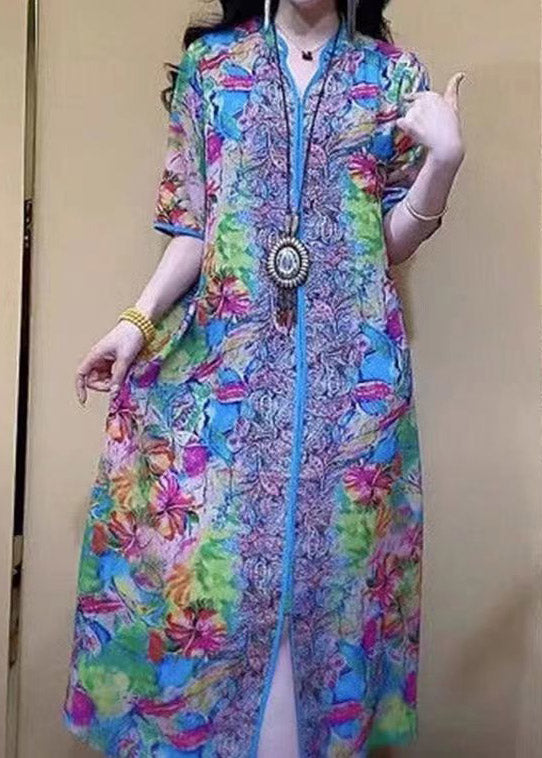 Fitted V Neck Print Silk Long Dress Short Sleeve