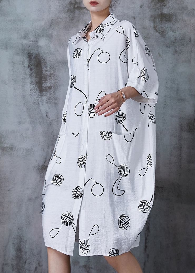 Fitted White Oversized Print Cotton Shirt Dresses Summer