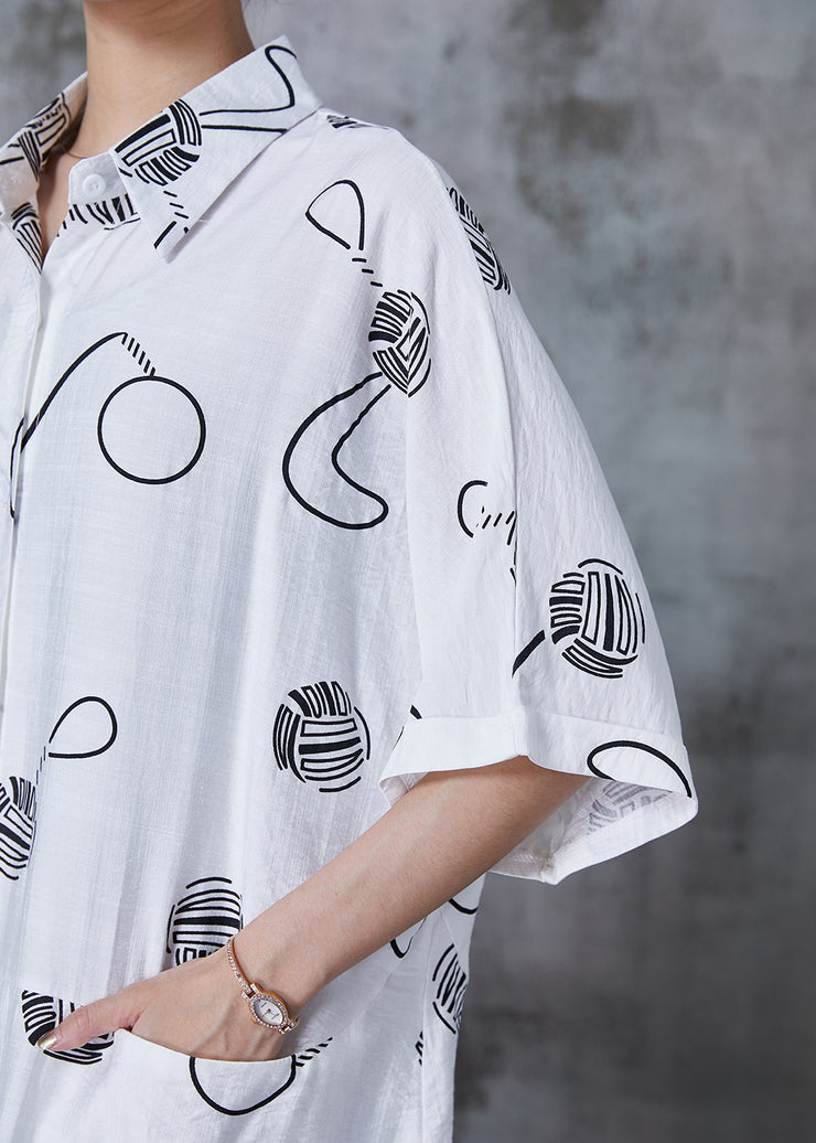 Fitted White Oversized Print Cotton Shirt Dresses Summer