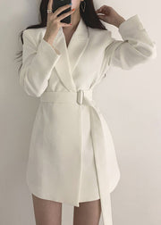 Fitted White Peter Pan Collar Pockets Coat Long Sleeve