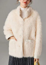 Fitted White Pockets Button Leather And Fur Coats Long Sleeve