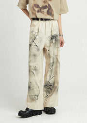 Fitted White Print High Waist Sashes Straight Pants Fall