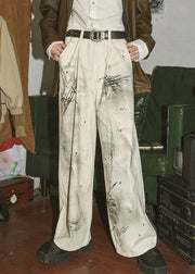 Fitted White Print High Waist Sashes Straight Pants Fall