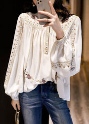 Fitted White Stand Collar Wrinkled Print Chiffon Shirts Long Sleeve