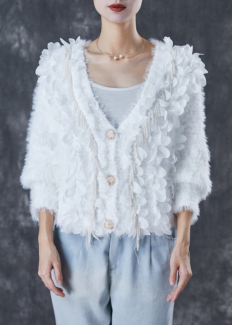 Fitted White Tasseled Nail Bead Knit Cardigan Spring