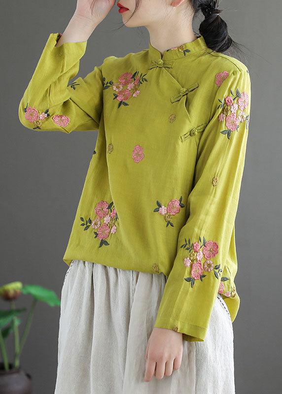 Fitted Yellow Mandarin Collar Floral Embroideried Linen Blouse Top Long Sleeve