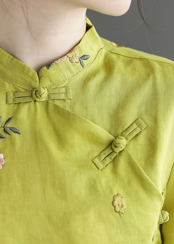 Fitted Yellow Mandarin Collar Floral Embroideried Linen Blouse Top Long Sleeve