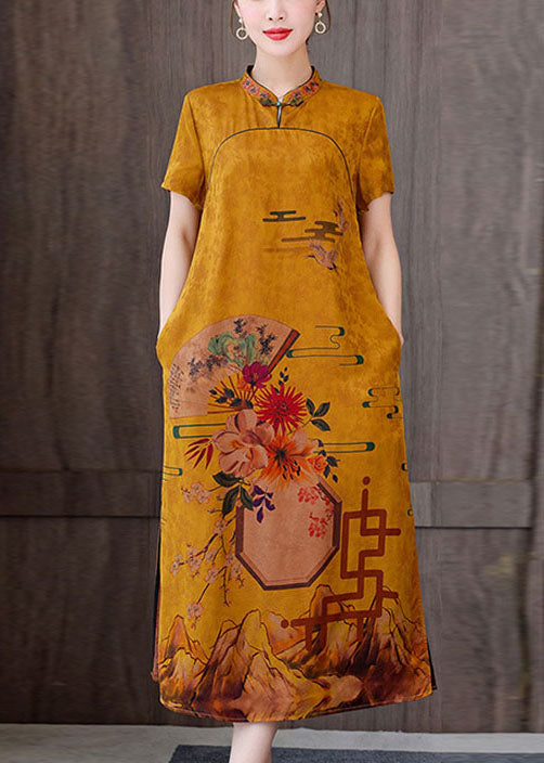 Fitted yellow flower Mandarin Collar Print Pockets Silk Long Dresses Short Sleeve