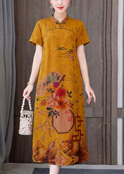 Fitted yellow flower Mandarin Collar Print Pockets Silk Long Dresses Short Sleeve