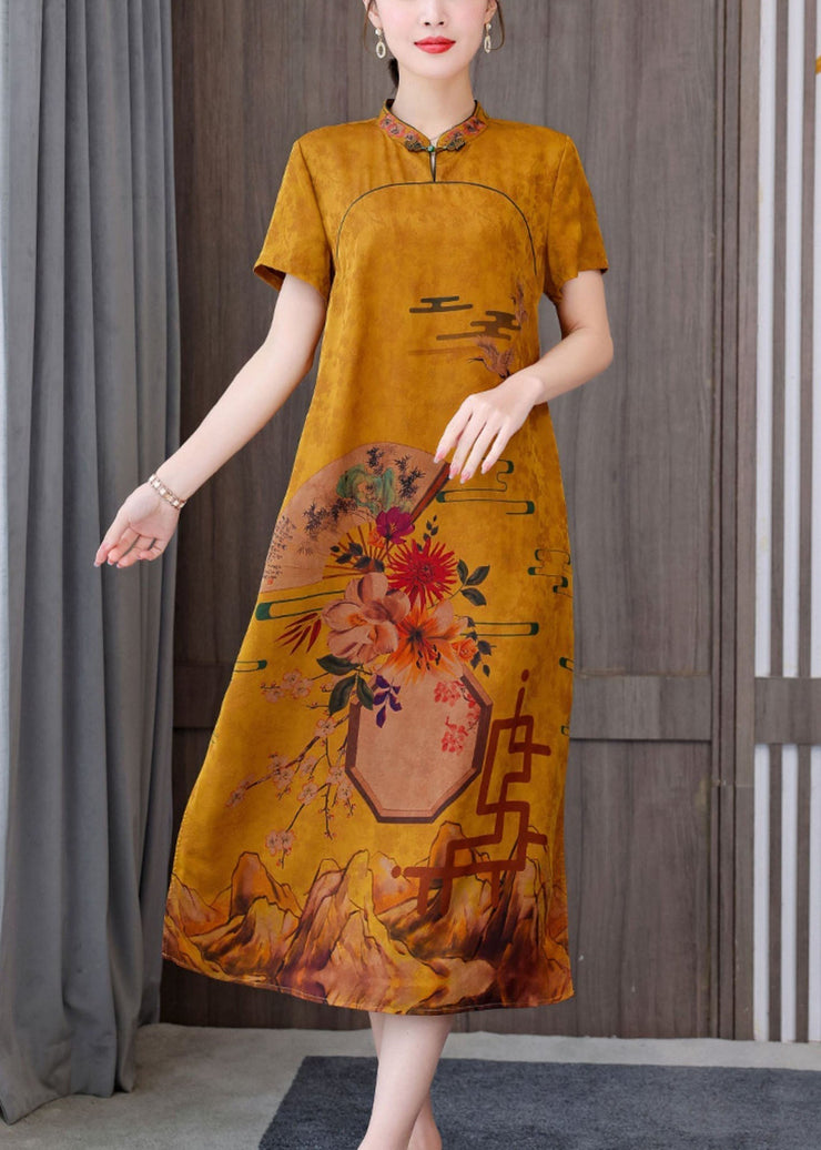 Fitted yellow flower Mandarin Collar Print Pockets Silk Long Dresses Short Sleeve